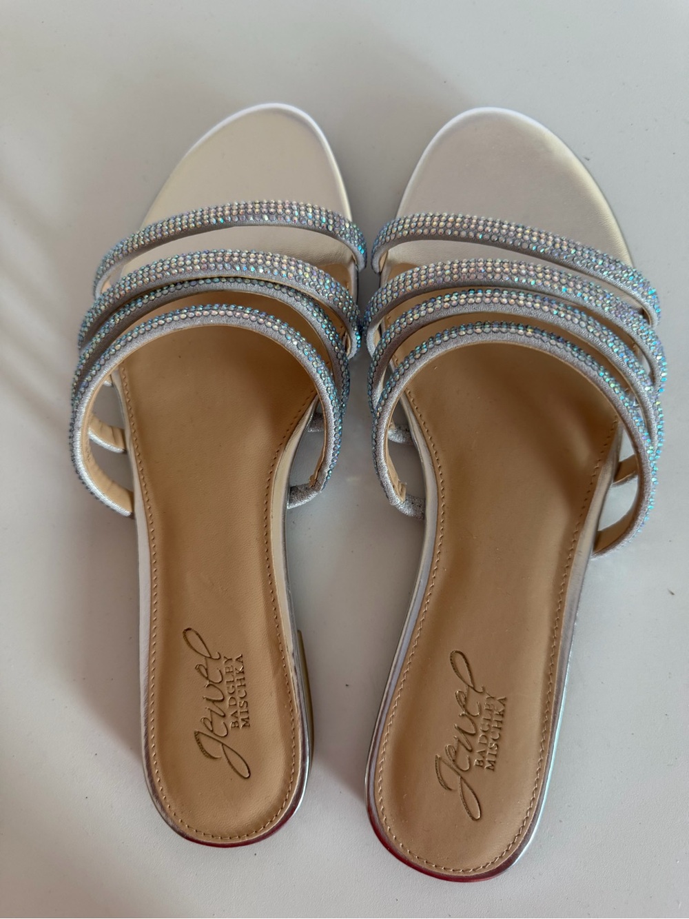 Badgley Mischka White Crystal-Strap Slide Mules